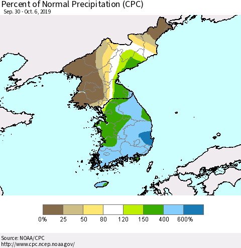 Korea Percent of Normal Precipitation (CPC) Thematic Map For 9/30/2019 - 10/6/2019