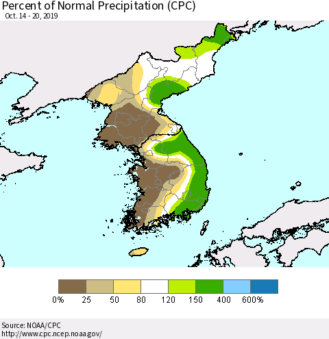 Korea Percent of Normal Precipitation (CPC) Thematic Map For 10/14/2019 - 10/20/2019