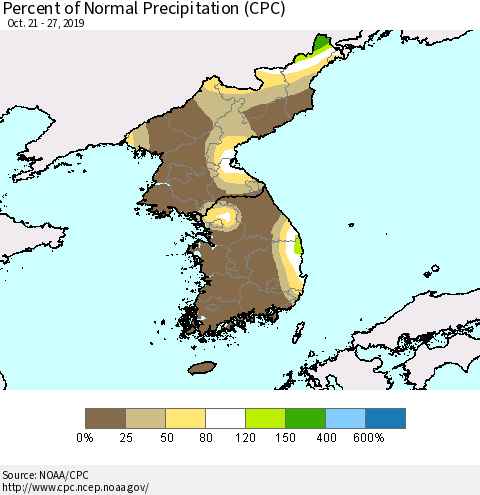 Korea Percent of Normal Precipitation (CPC) Thematic Map For 10/21/2019 - 10/27/2019