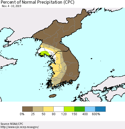 Korea Percent of Normal Precipitation (CPC) Thematic Map For 11/4/2019 - 11/10/2019