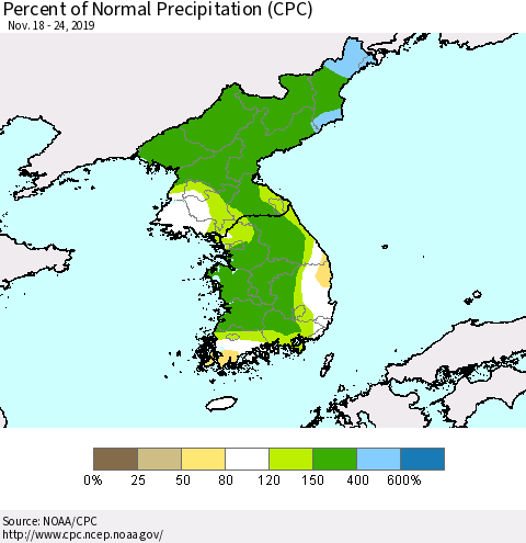 Korea Percent of Normal Precipitation (CPC) Thematic Map For 11/18/2019 - 11/24/2019