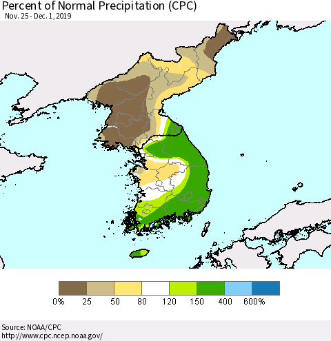Korea Percent of Normal Precipitation (CPC) Thematic Map For 11/25/2019 - 12/1/2019