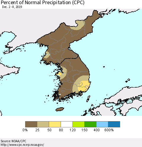 Korea Percent of Normal Precipitation (CPC) Thematic Map For 12/2/2019 - 12/8/2019