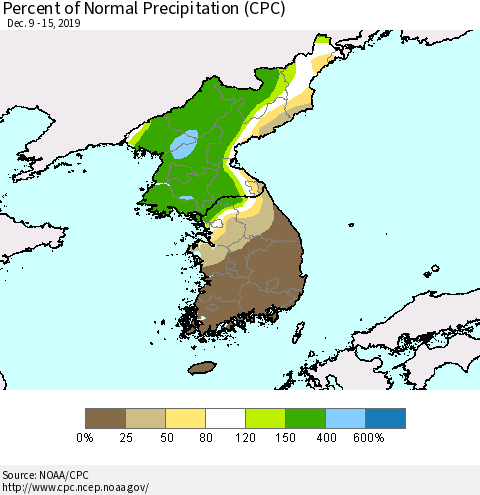 Korea Percent of Normal Precipitation (CPC) Thematic Map For 12/9/2019 - 12/15/2019