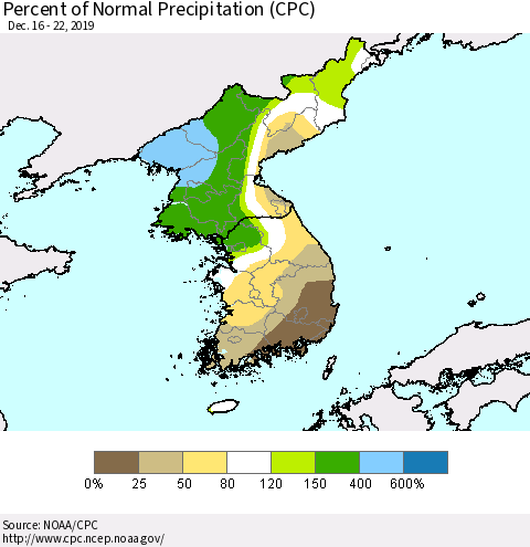 Korea Percent of Normal Precipitation (CPC) Thematic Map For 12/16/2019 - 12/22/2019