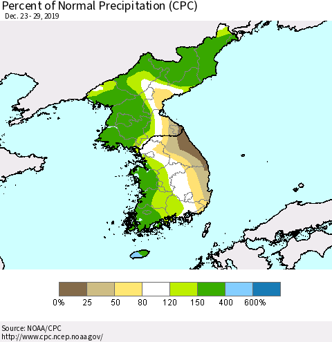Korea Percent of Normal Precipitation (CPC) Thematic Map For 12/23/2019 - 12/29/2019