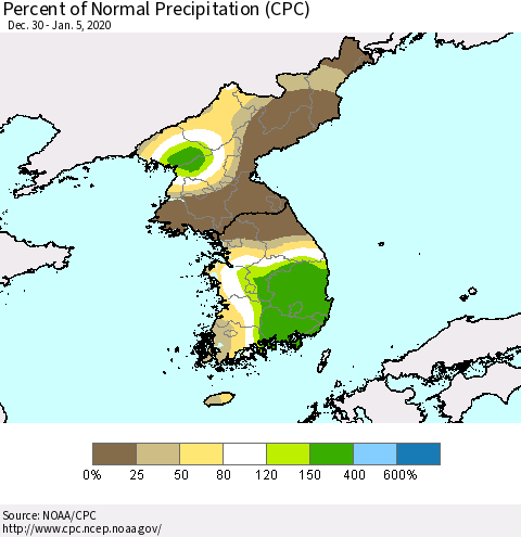 Korea Percent of Normal Precipitation (CPC) Thematic Map For 12/30/2019 - 1/5/2020