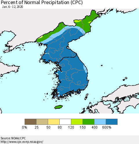Korea Percent of Normal Precipitation (CPC) Thematic Map For 1/6/2020 - 1/12/2020