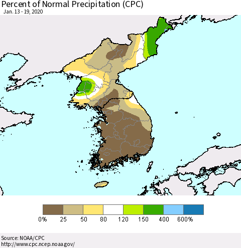 Korea Percent of Normal Precipitation (CPC) Thematic Map For 1/13/2020 - 1/19/2020