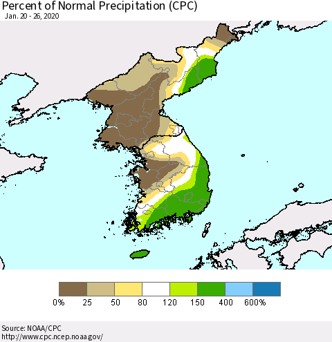 Korea Percent of Normal Precipitation (CPC) Thematic Map For 1/20/2020 - 1/26/2020