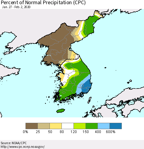 Korea Percent of Normal Precipitation (CPC) Thematic Map For 1/27/2020 - 2/2/2020
