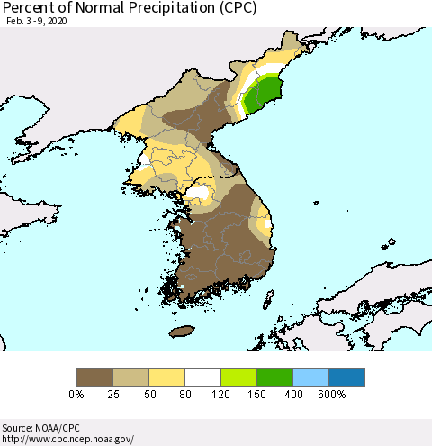Korea Percent of Normal Precipitation (CPC) Thematic Map For 2/3/2020 - 2/9/2020