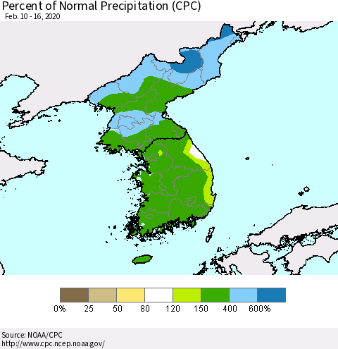 Korea Percent of Normal Precipitation (CPC) Thematic Map For 2/10/2020 - 2/16/2020
