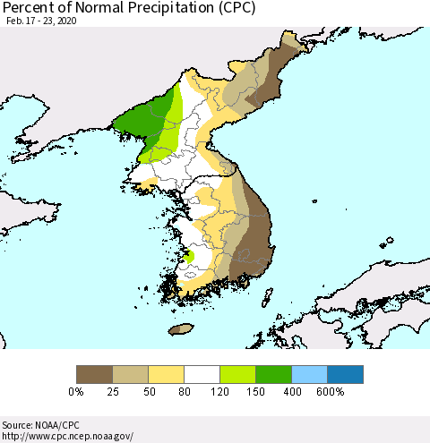 Korea Percent of Normal Precipitation (CPC) Thematic Map For 2/17/2020 - 2/23/2020
