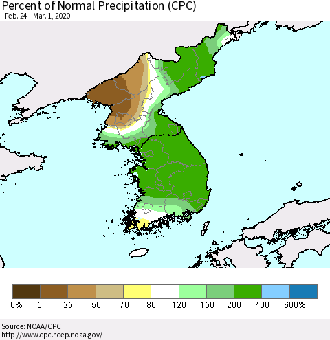 Korea Percent of Normal Precipitation (CPC) Thematic Map For 2/24/2020 - 3/1/2020