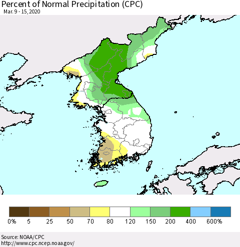 Korea Percent of Normal Precipitation (CPC) Thematic Map For 3/9/2020 - 3/15/2020