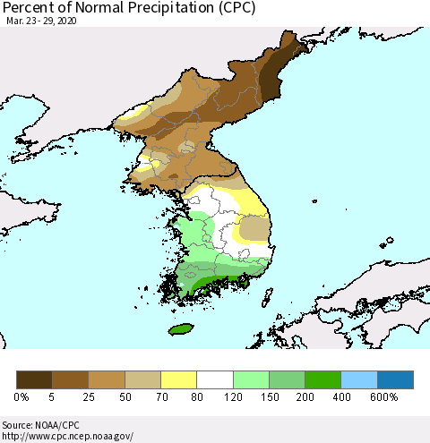 Korea Percent of Normal Precipitation (CPC) Thematic Map For 3/23/2020 - 3/29/2020