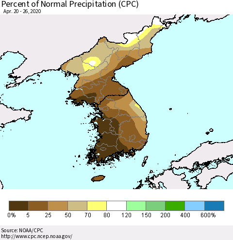 Korea Percent of Normal Precipitation (CPC) Thematic Map For 4/20/2020 - 4/26/2020
