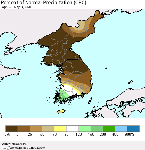 Korea Percent of Normal Precipitation (CPC) Thematic Map For 4/27/2020 - 5/3/2020