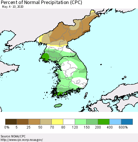 Korea Percent of Normal Precipitation (CPC) Thematic Map For 5/4/2020 - 5/10/2020