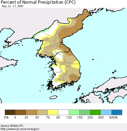 Korea Percent of Normal Precipitation (CPC) Thematic Map For 5/11/2020 - 5/17/2020