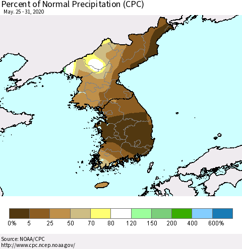 Korea Percent of Normal Precipitation (CPC) Thematic Map For 5/25/2020 - 5/31/2020