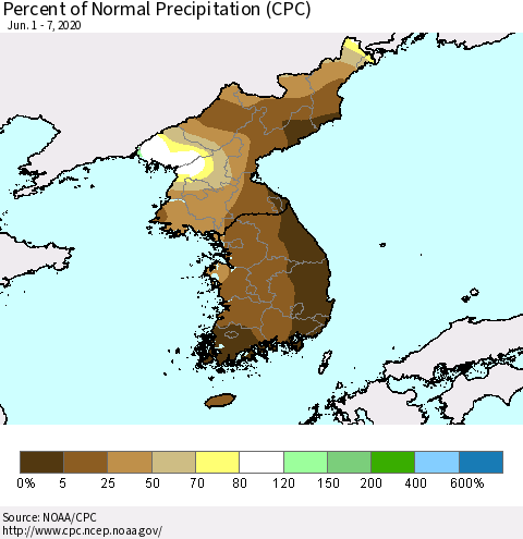 Korea Percent of Normal Precipitation (CPC) Thematic Map For 6/1/2020 - 6/7/2020
