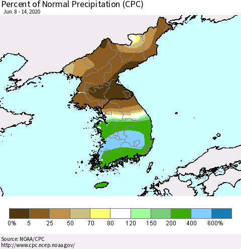 Korea Percent of Normal Precipitation (CPC) Thematic Map For 6/8/2020 - 6/14/2020