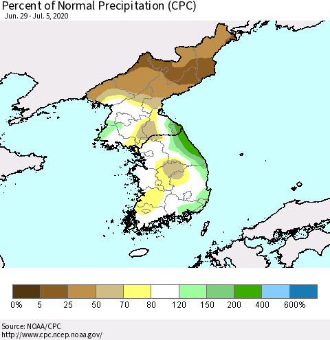 Korea Percent of Normal Precipitation (CPC) Thematic Map For 6/29/2020 - 7/5/2020