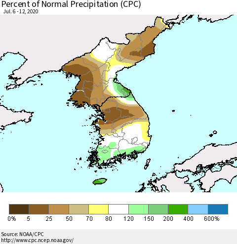 Korea Percent of Normal Precipitation (CPC) Thematic Map For 7/6/2020 - 7/12/2020
