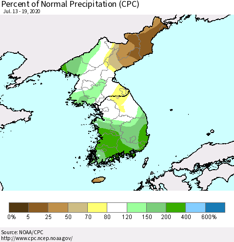 Korea Percent of Normal Precipitation (CPC) Thematic Map For 7/13/2020 - 7/19/2020