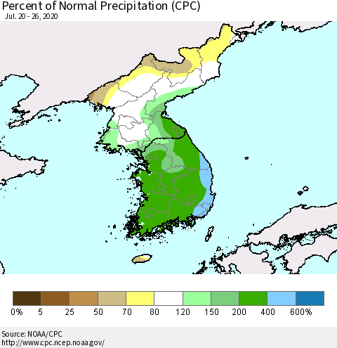 Korea Percent of Normal Precipitation (CPC) Thematic Map For 7/20/2020 - 7/26/2020
