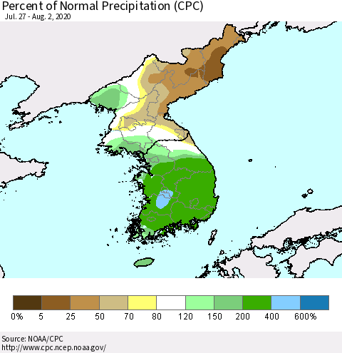 Korea Percent of Normal Precipitation (CPC) Thematic Map For 7/27/2020 - 8/2/2020