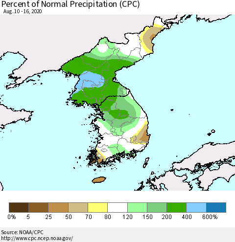 Korea Percent of Normal Precipitation (CPC) Thematic Map For 8/10/2020 - 8/16/2020