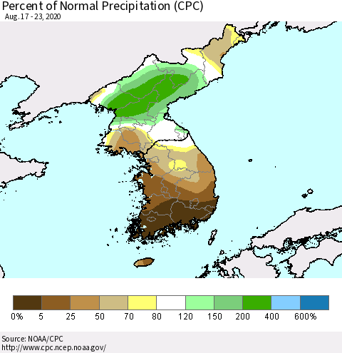 Korea Percent of Normal Precipitation (CPC) Thematic Map For 8/17/2020 - 8/23/2020