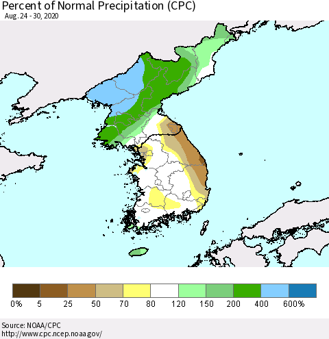 Korea Percent of Normal Precipitation (CPC) Thematic Map For 8/24/2020 - 8/30/2020