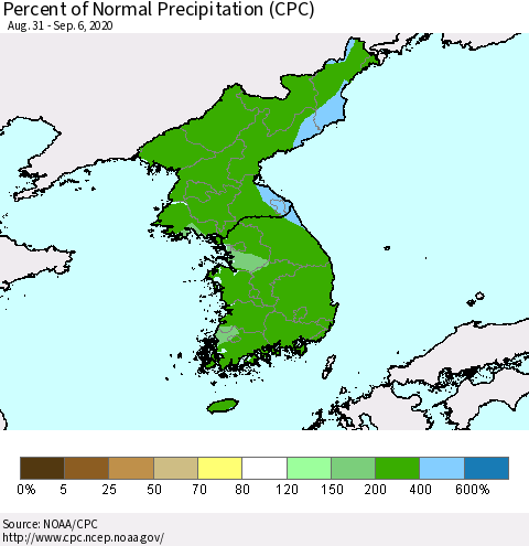 Korea Percent of Normal Precipitation (CPC) Thematic Map For 8/31/2020 - 9/6/2020