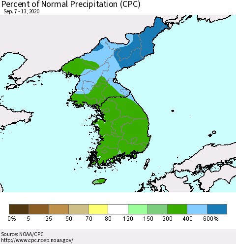 Korea Percent of Normal Precipitation (CPC) Thematic Map For 9/7/2020 - 9/13/2020