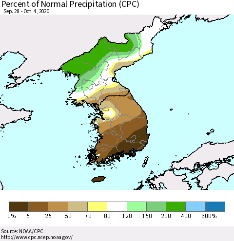 Korea Percent of Normal Precipitation (CPC) Thematic Map For 9/28/2020 - 10/4/2020