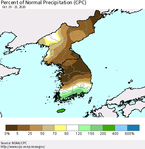 Korea Percent of Normal Precipitation (CPC) Thematic Map For 10/19/2020 - 10/25/2020