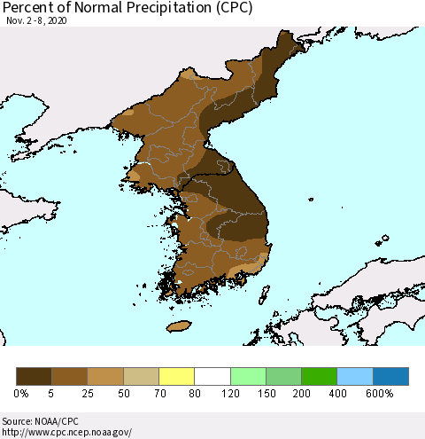 Korea Percent of Normal Precipitation (CPC) Thematic Map For 11/2/2020 - 11/8/2020