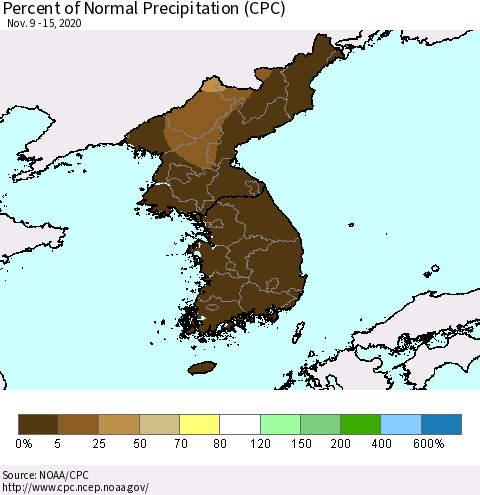 Korea Percent of Normal Precipitation (CPC) Thematic Map For 11/9/2020 - 11/15/2020