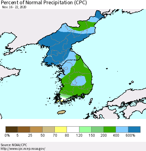 Korea Percent of Normal Precipitation (CPC) Thematic Map For 11/16/2020 - 11/22/2020