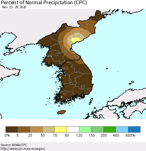 Korea Percent of Normal Precipitation (CPC) Thematic Map For 11/23/2020 - 11/29/2020