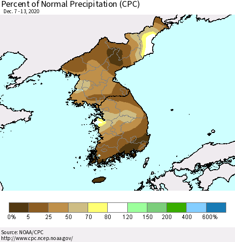 Korea Percent of Normal Precipitation (CPC) Thematic Map For 12/7/2020 - 12/13/2020