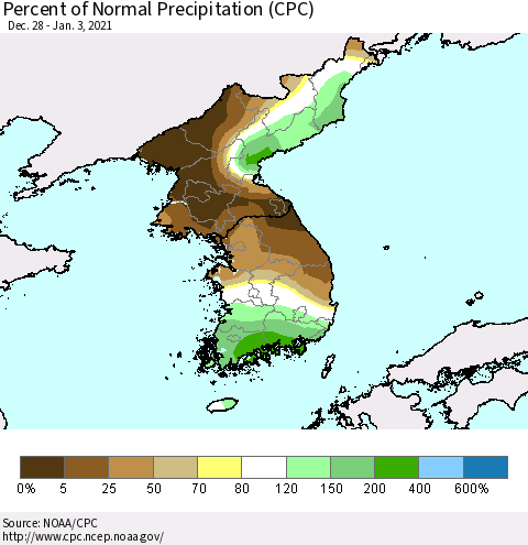 Korea Percent of Normal Precipitation (CPC) Thematic Map For 12/28/2020 - 1/3/2021