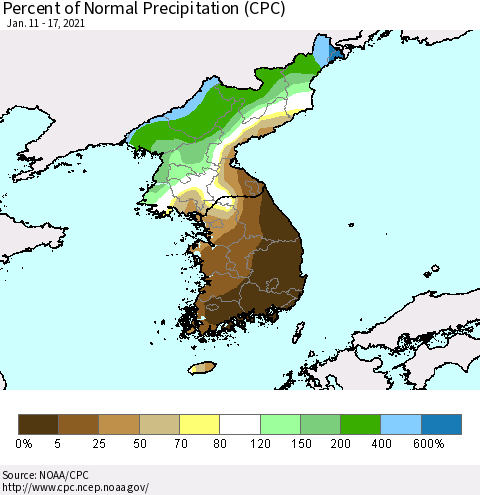Korea Percent of Normal Precipitation (CPC) Thematic Map For 1/11/2021 - 1/17/2021