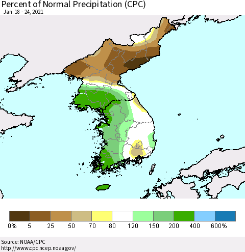 Korea Percent of Normal Precipitation (CPC) Thematic Map For 1/18/2021 - 1/24/2021