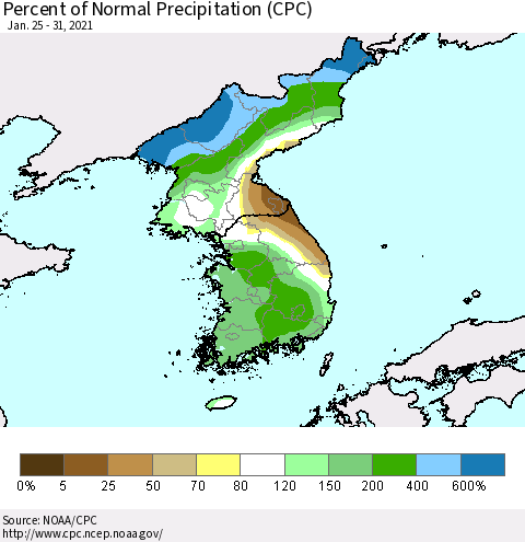 Korea Percent of Normal Precipitation (CPC) Thematic Map For 1/25/2021 - 1/31/2021