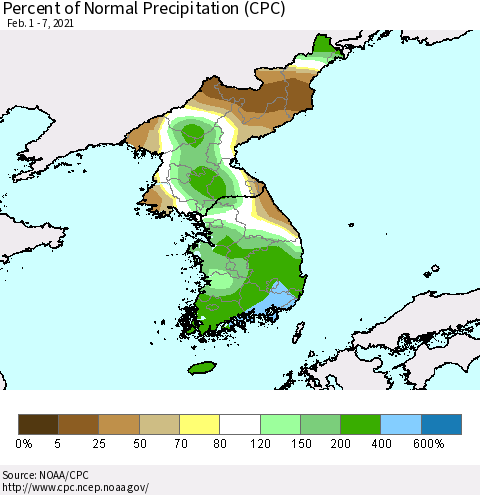 Korea Percent of Normal Precipitation (CPC) Thematic Map For 2/1/2021 - 2/7/2021